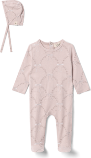 Bebe Bella Bow Print Jersey Romper with Hat