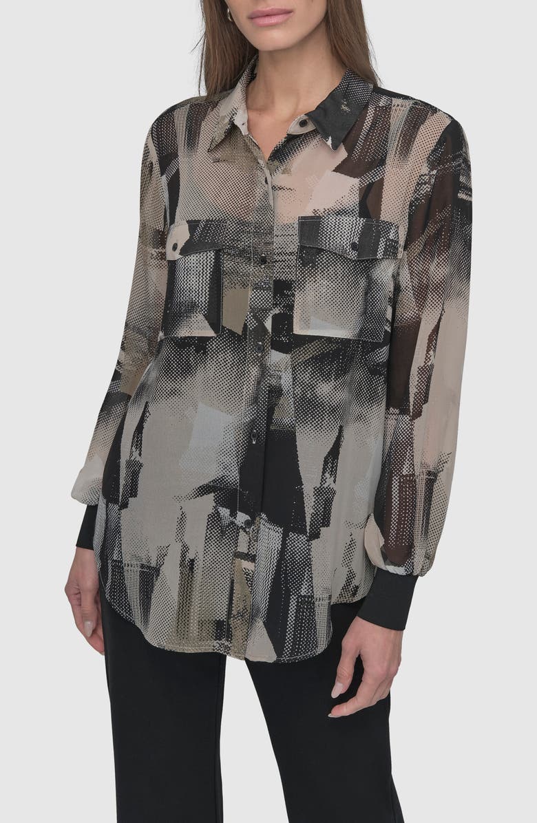 DKNY Abstract Print Chiffon Button-Up Shirt, Main, color, Skyln Colg