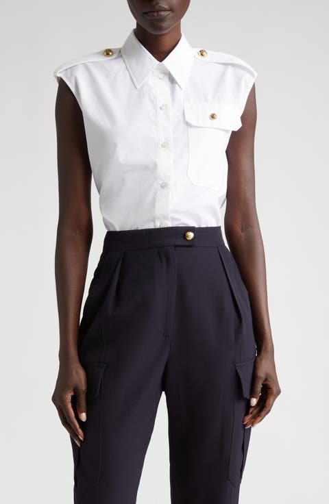 Sleeveless Cotton Poplin Military Shirt