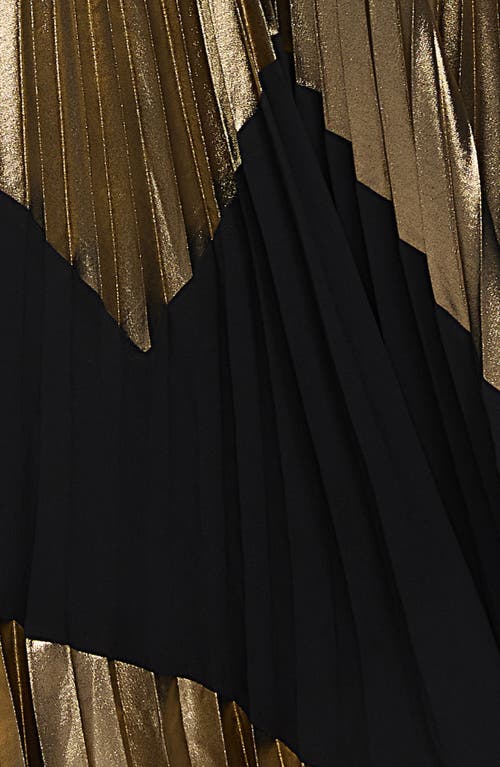 Elie Tahari The Carrie Gilded Pleated Long Sleeve Maxi Dress In Noir And Gold