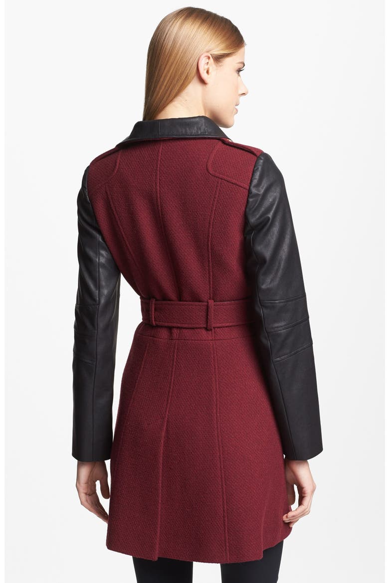 Asymmetrical Textured Wool Blend & Faux Leather Coat, Alternate, color, BURGUNDY