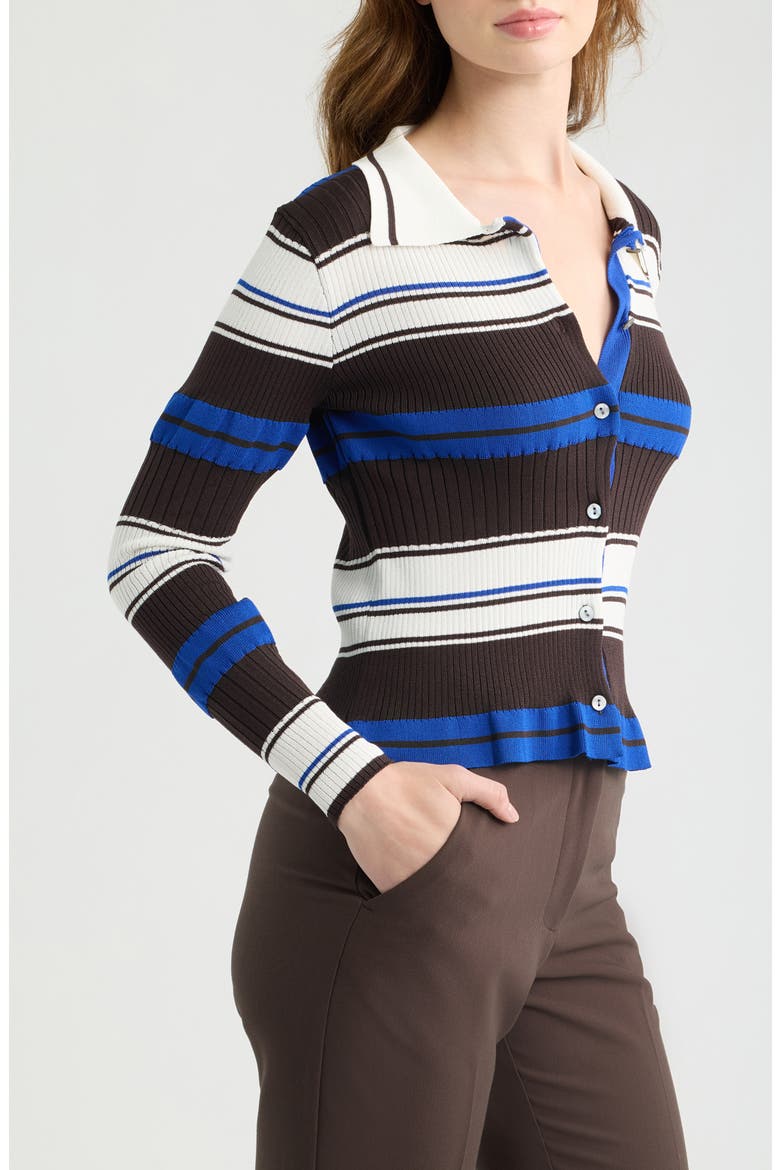 Patti Stripe Polo Cardigan, Alternate, color, CHOCOLATE W/ ECRU BLUE STRIPES