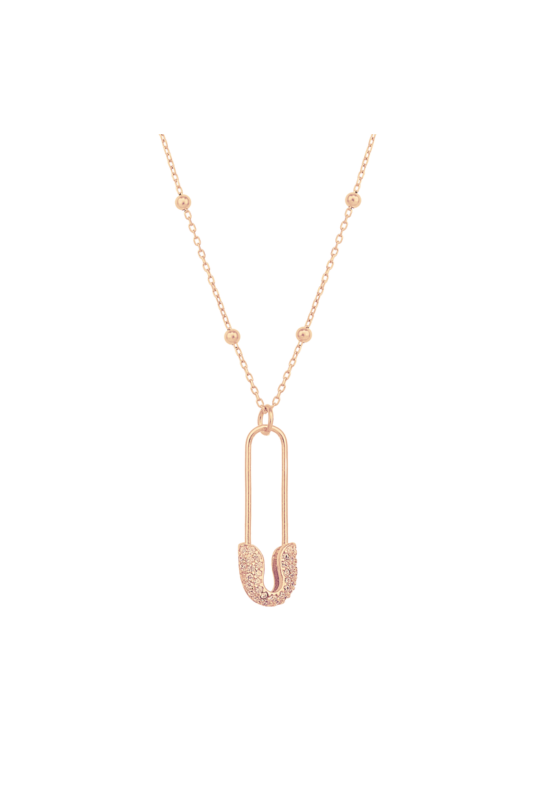 Sterling Silver Jewelled Safety Pin Necklace With Beaded Chain, Main, color, Rose gold
