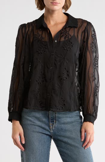 Adrianna Papell Long Sleeve Sheer Floral Eyelet Lace Button-up Top In Black