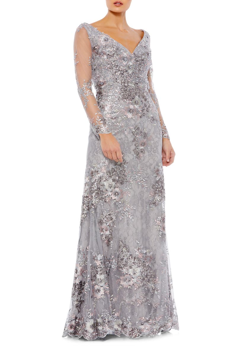 Embellished Long Sleeve Lace Gown, Main, color, PLATINUM