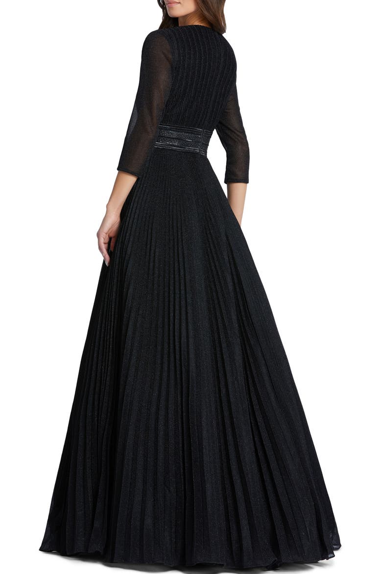 Shimmering Pleated A-Line 3/4 Sleeve Gown, Alternate, color, BLACK