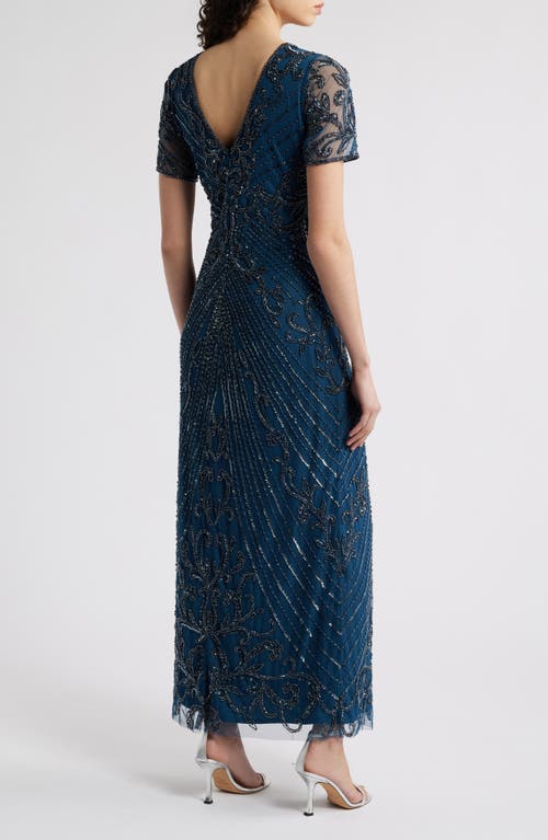Pisarro Nights Illusion Beaded Mesh Column Gown In Peacock