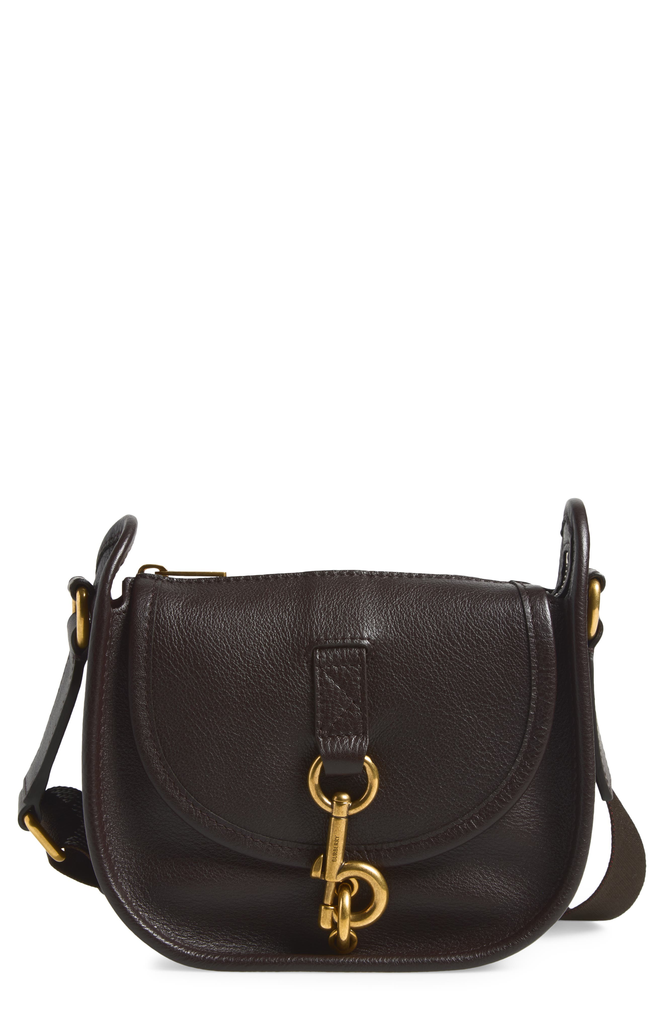 Mini B Clip Leather Messenger Crossbody Bag, Main, color, BROWN