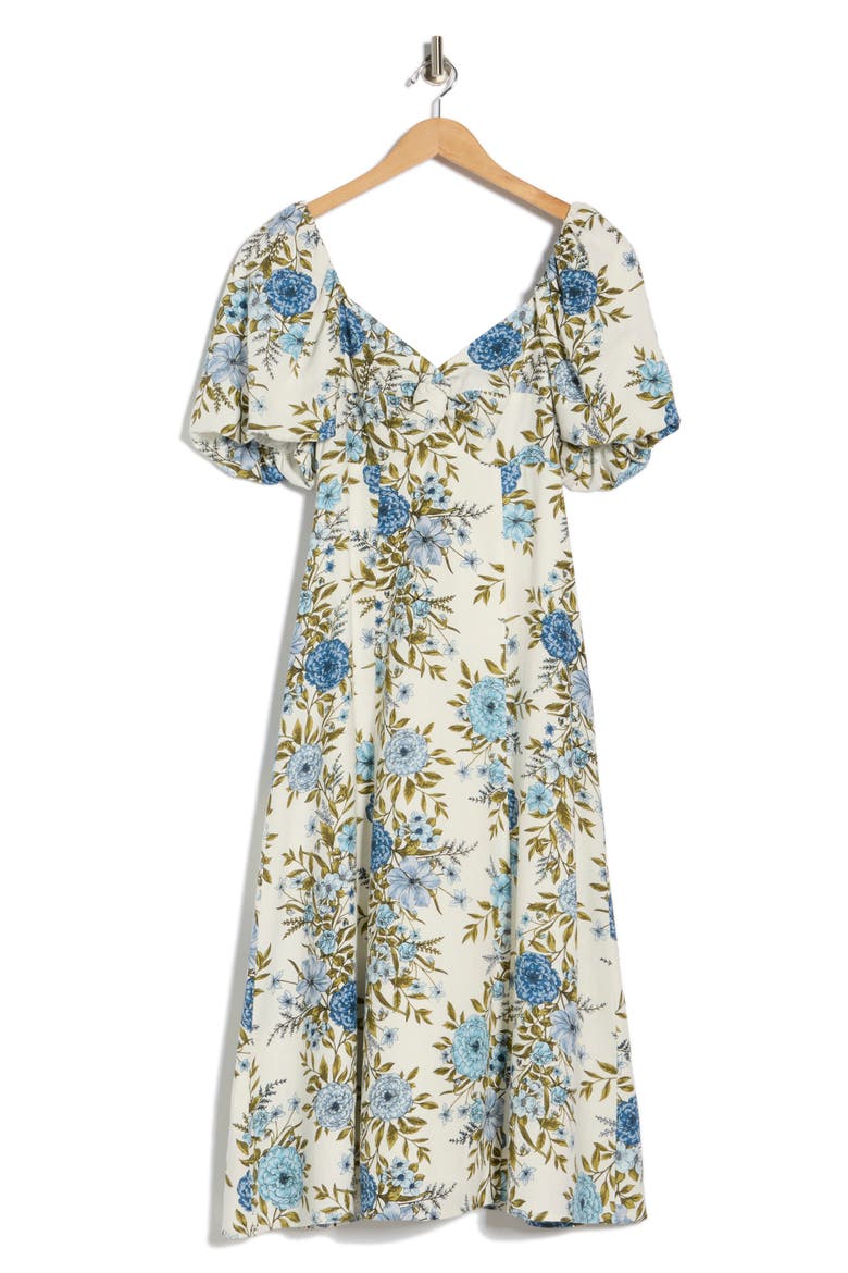 Twist Bodice Midi Dress, Alternate, color, BLUE GARDEN TRELLIS