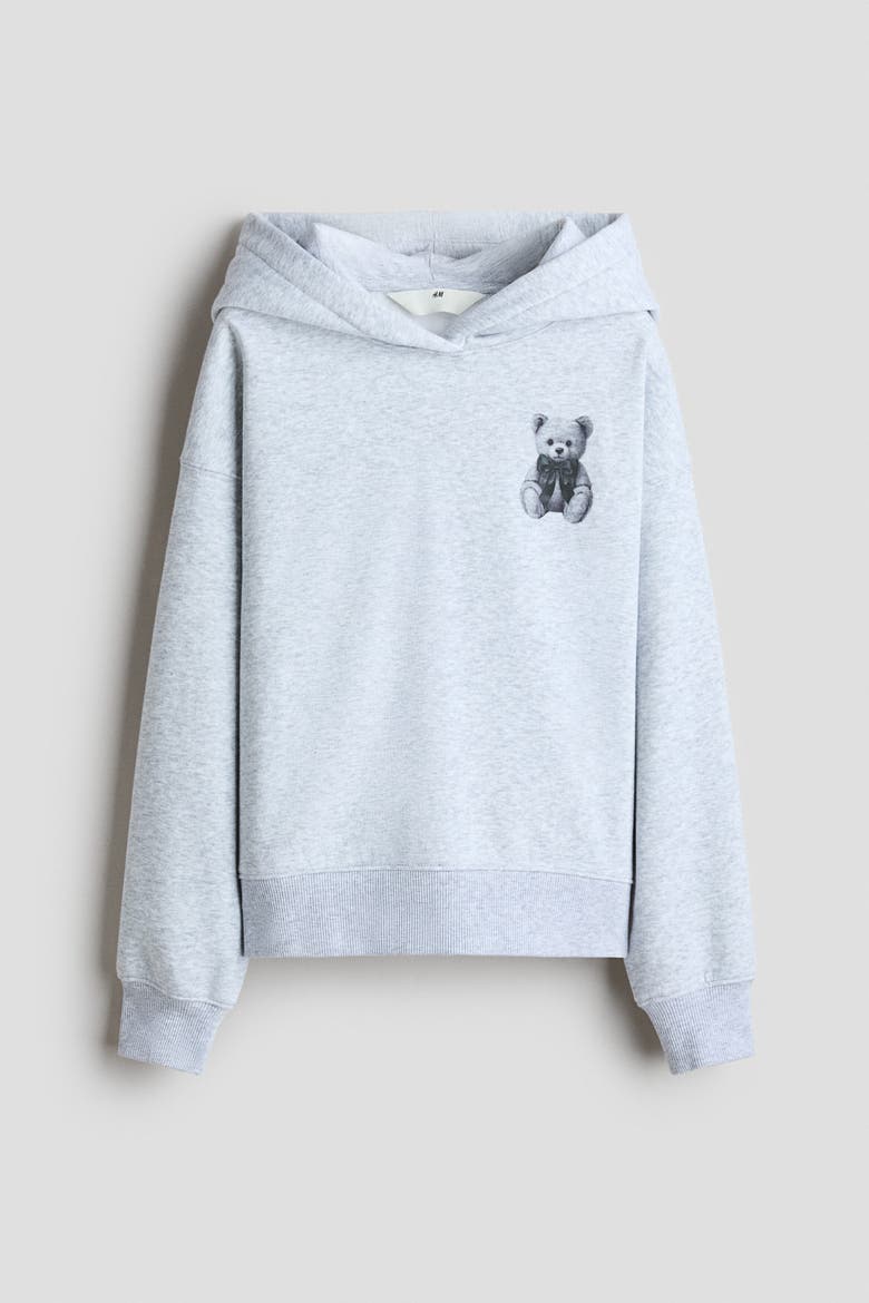 Hoodie With Motif, Main, color, Light gray melange/teddy bear