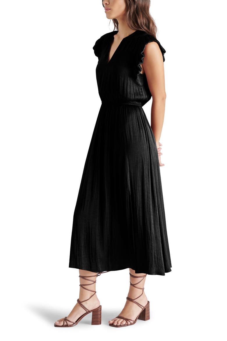 Allegra Ruffle Sleeve Satin Midi Dress, Alternate, color, BLACK