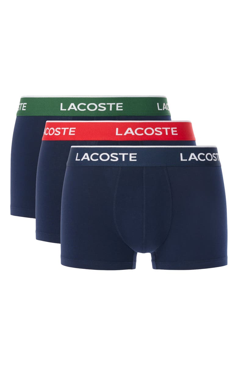Lacoste Core Essentials Assorted 3-Pack Stretch Cotton Boxer Briefs, Alternate, color, Navy Blue/ Green-Red-Navy