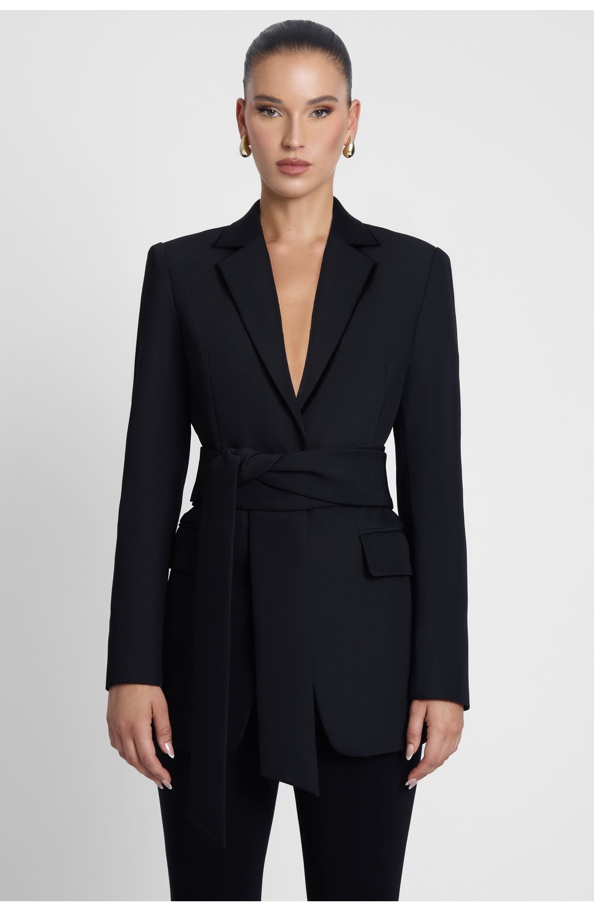 LEAU Classic Column Tailored Belted Blazer, Main, color, Black