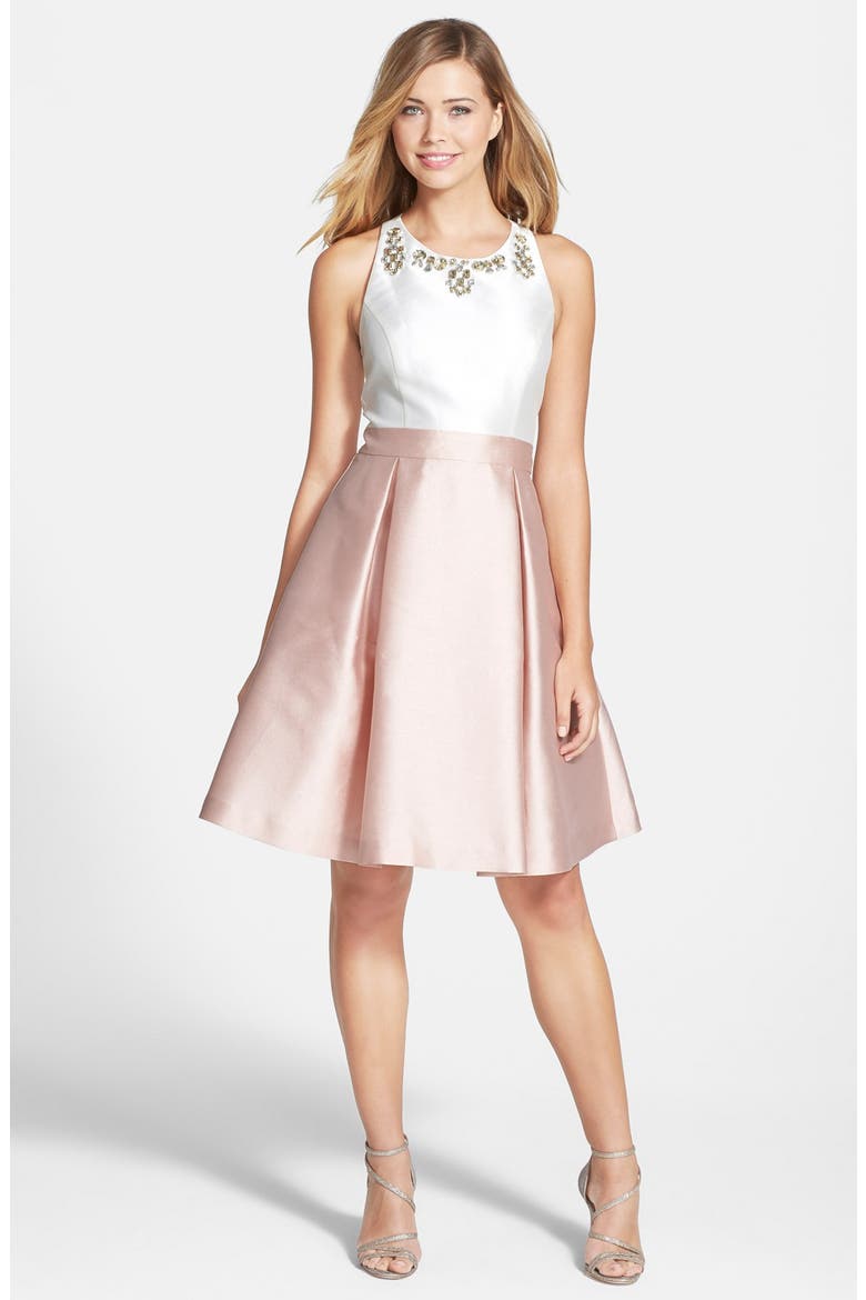 Embellished Colorblock Fit & Flare Dress, Alternate, color, BLUSH