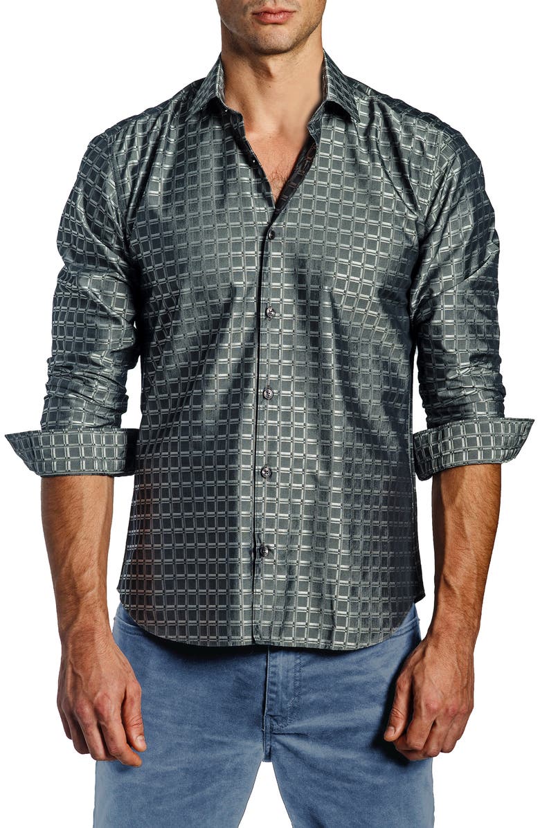 Jared Lang Trim Fit Grid Box Cotton Dress Shirt, Main, color,