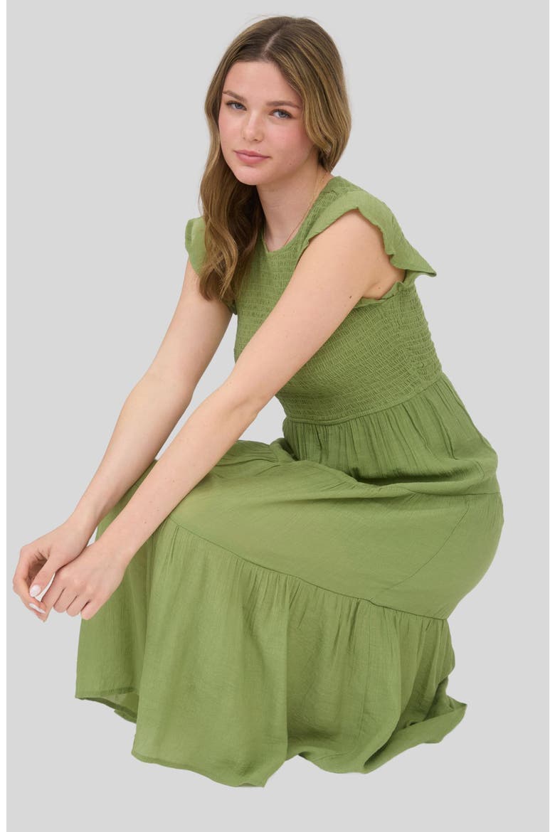 Flutter Sleeve Smocked Tiered Midi Dress, Alternate, color, OLIVE GREEN