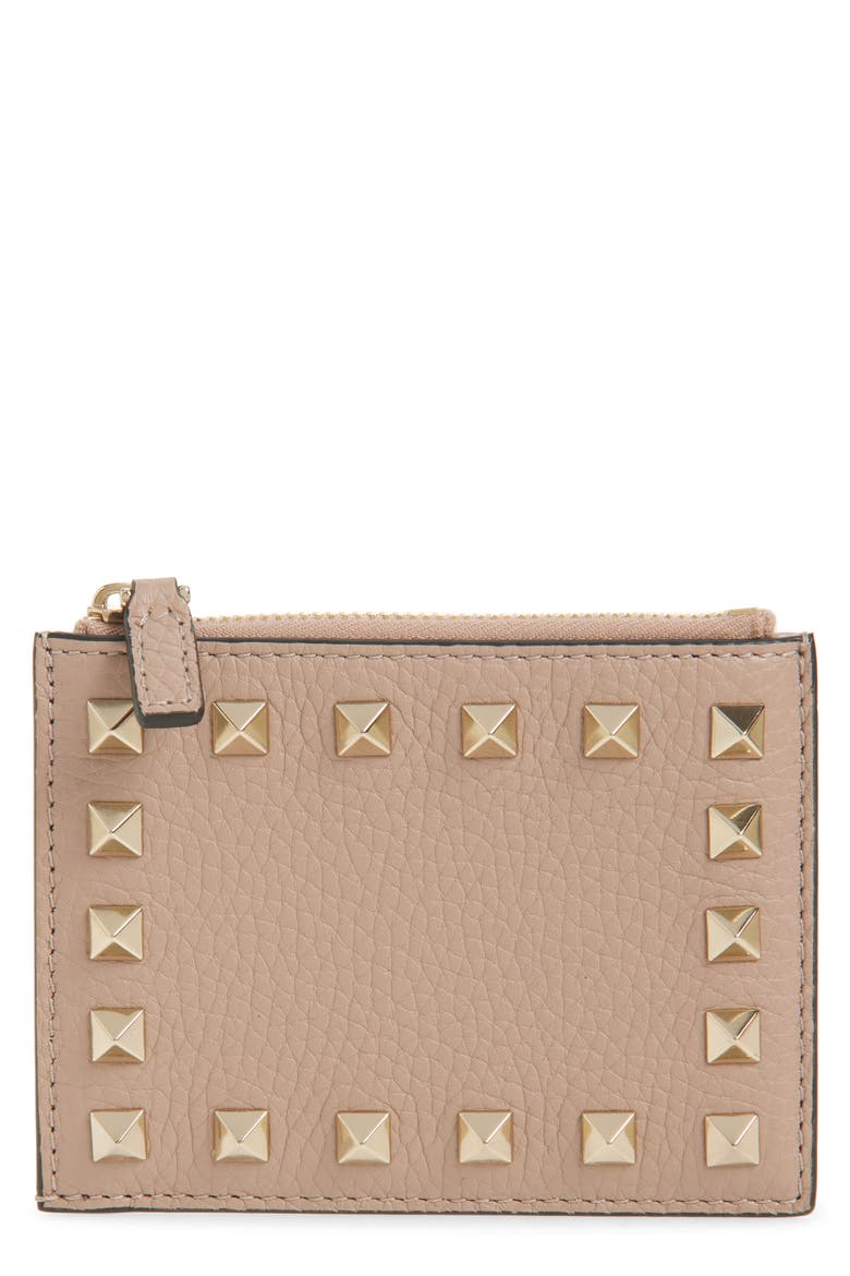 Rockstud Leather Coin Card Case, Main, color, POUDRE