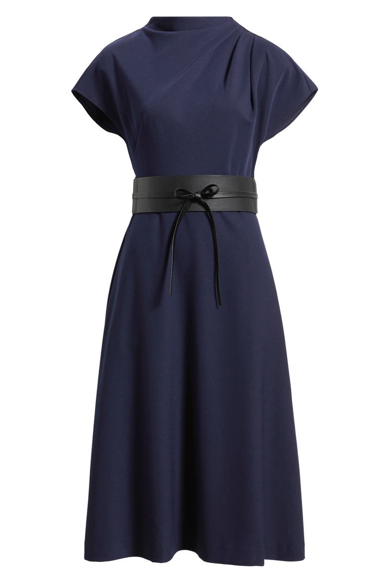 Funnel Neck Flared Midi Dress, Alternate, color, NAVY