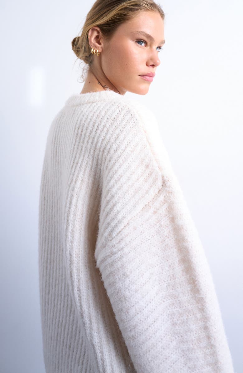 Topshop Balloon Sleeve Crewneck Rib Sweater, Alternate, color, Ivory