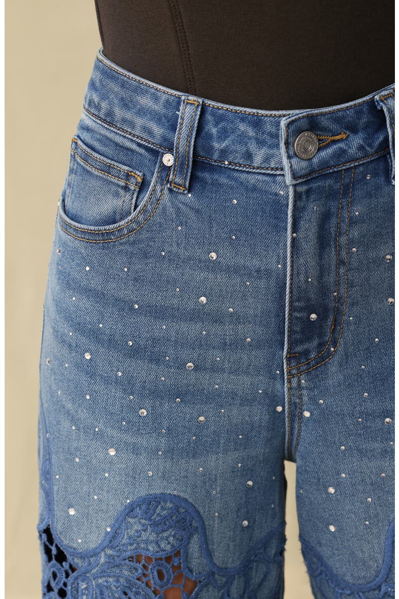 High Waist Floral Embroidered Raw Hem Wide Leg Jeans, Alternate, color, MEDIUM BLUE