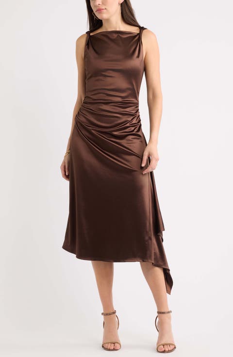 Ruched Asymmetric Satin Midi Dress