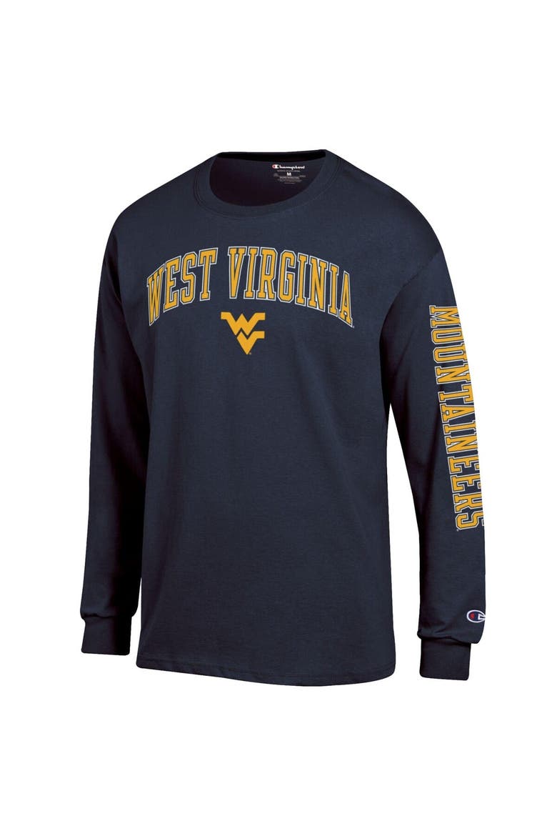 Men's Champion  Navy West Virginia Mountaineers Arch Over Logo 2-Hit Long Sleeve T-Shirt, Alternate, color, Navy