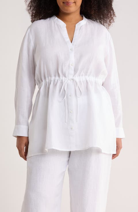 Split Neck Organic Linen Long Drawstring Shirt (Plus)