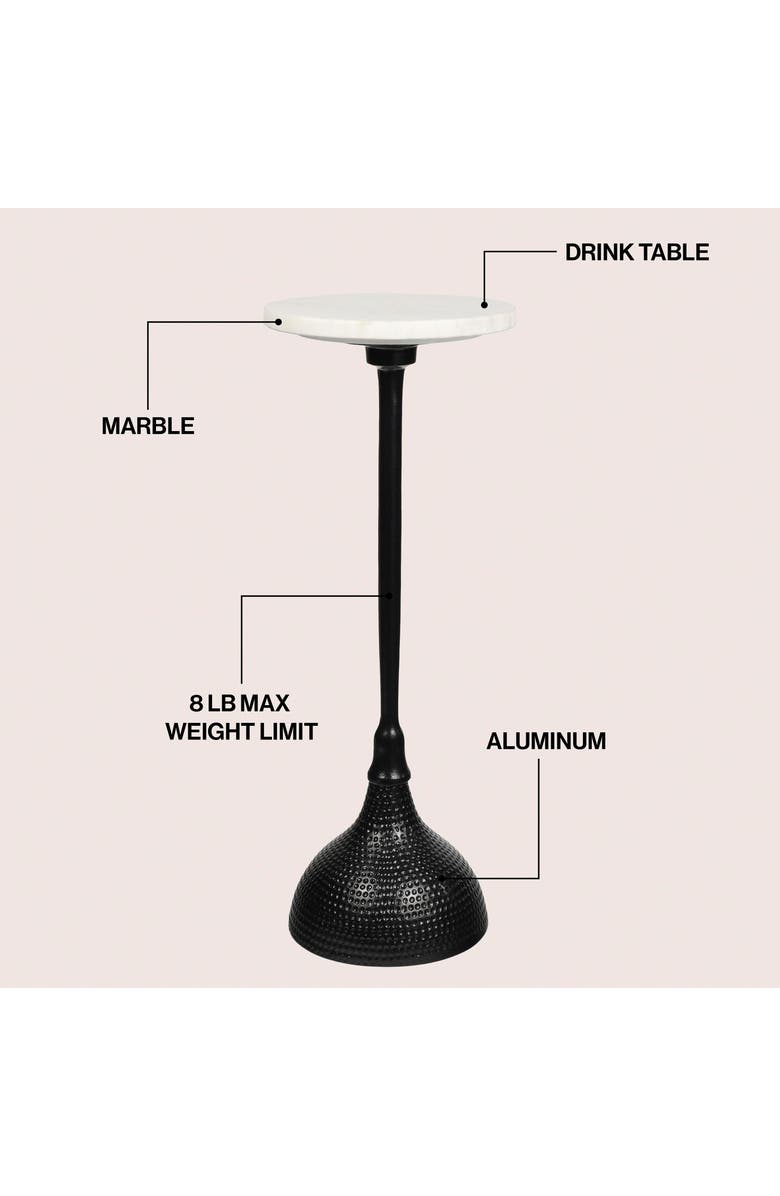 JONATHAN Y Ava 23.75" Art Deco Contemporary Metal Pedestal Drink Table and Decorative End Table with White Marble Round Top and Hammered Base, Alternate, color, Black