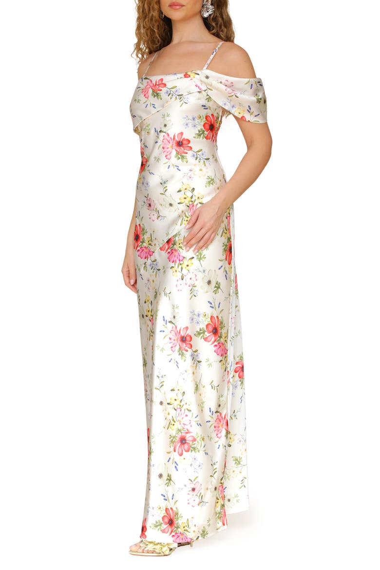 Floral Print Asymmetric Satin Maxi Dress, Alternate, color, CREAM FLOWER PRESS