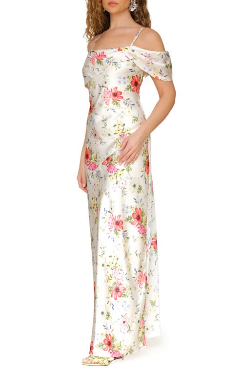 Shop Avec Les Filles Floral Print Asymmetric Satin Maxi Dress In Cream Flower Press
