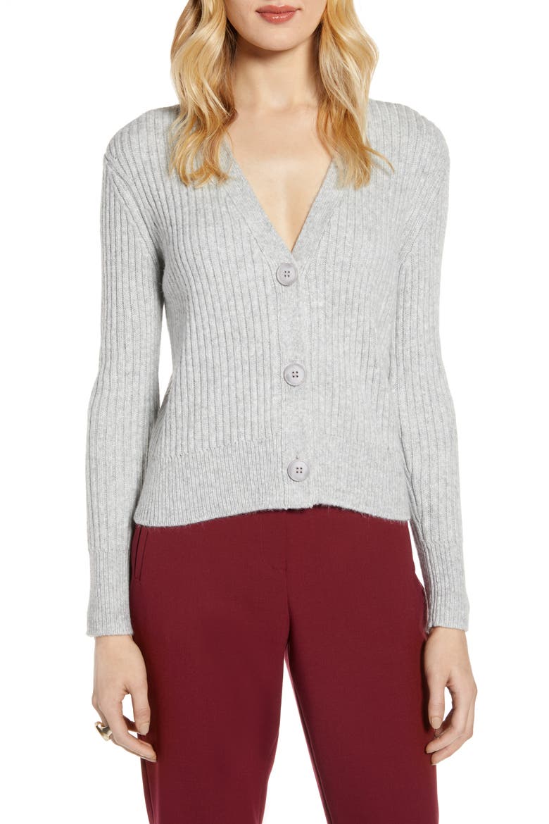 Ribbed V-Neck Cardigan, Main, color, GREY LIGHT HEATHER