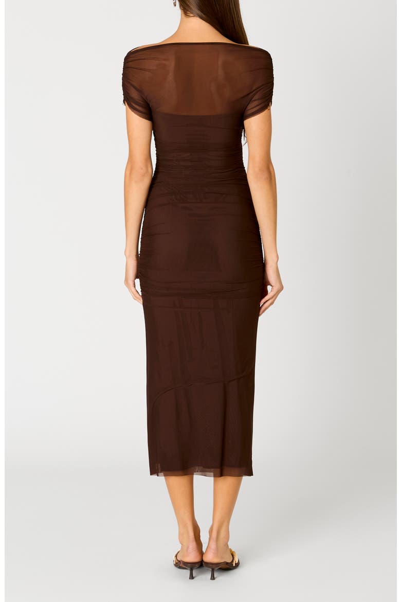 Aria Ruched Off the Shoulder Mesh Midi Dress, Alternate, color, CHOCOLATE