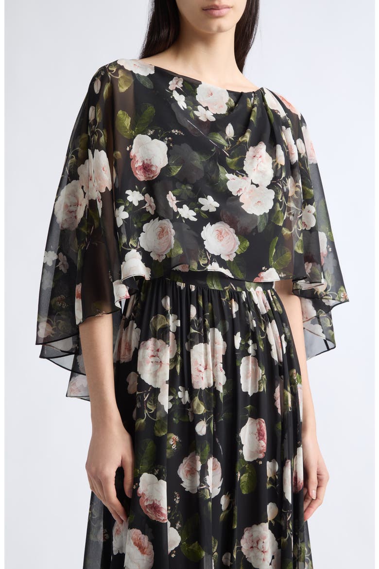 Floral Off the Shoulder Silk Chiffon Gown, Alternate, color, BLACK MULTI