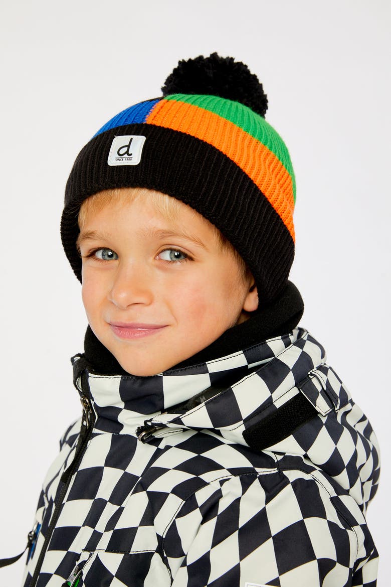 Colorblock Ribbed Cuff Knit Hat with Pompom, Alternate, color, Black, Blue, Green & Orange