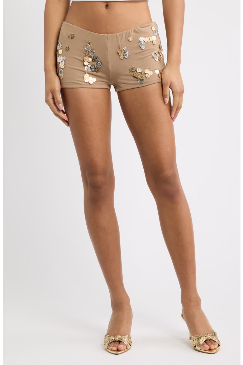 Coin Trim Hot Pants, Main, color, BROWN