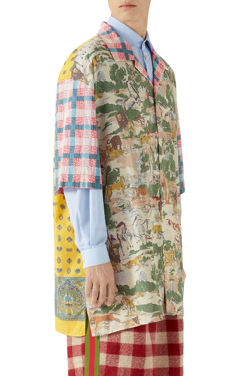 Gucci Oversize Feline Print Cotton Bowling Shirt, Alternate, color, 