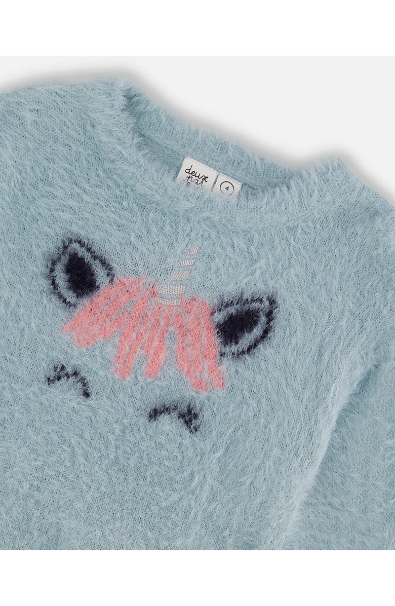 Deux par Deux Girl's Unicorn Sweater Hairy Knit Turquoise, Alternate, color,