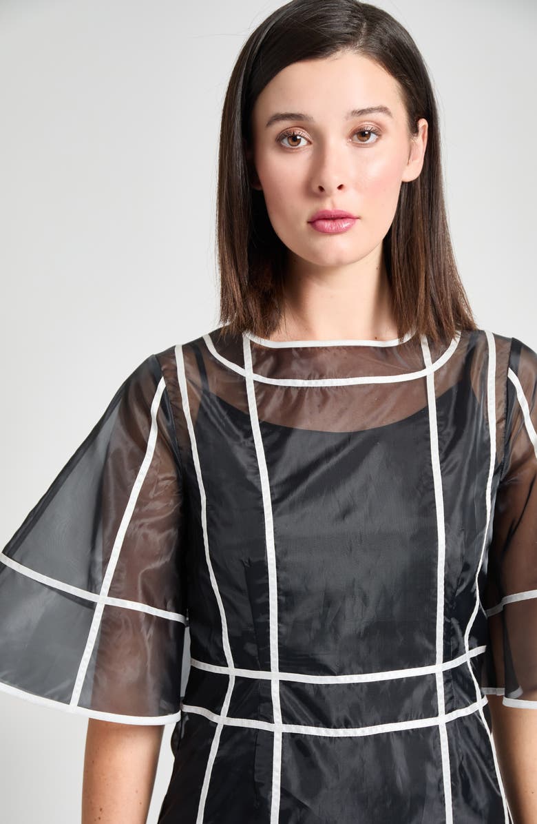 Ming Wang Modern Fit Organza Contrast Stripe A-Line Midi Dress, Alternate, color, Black/ White