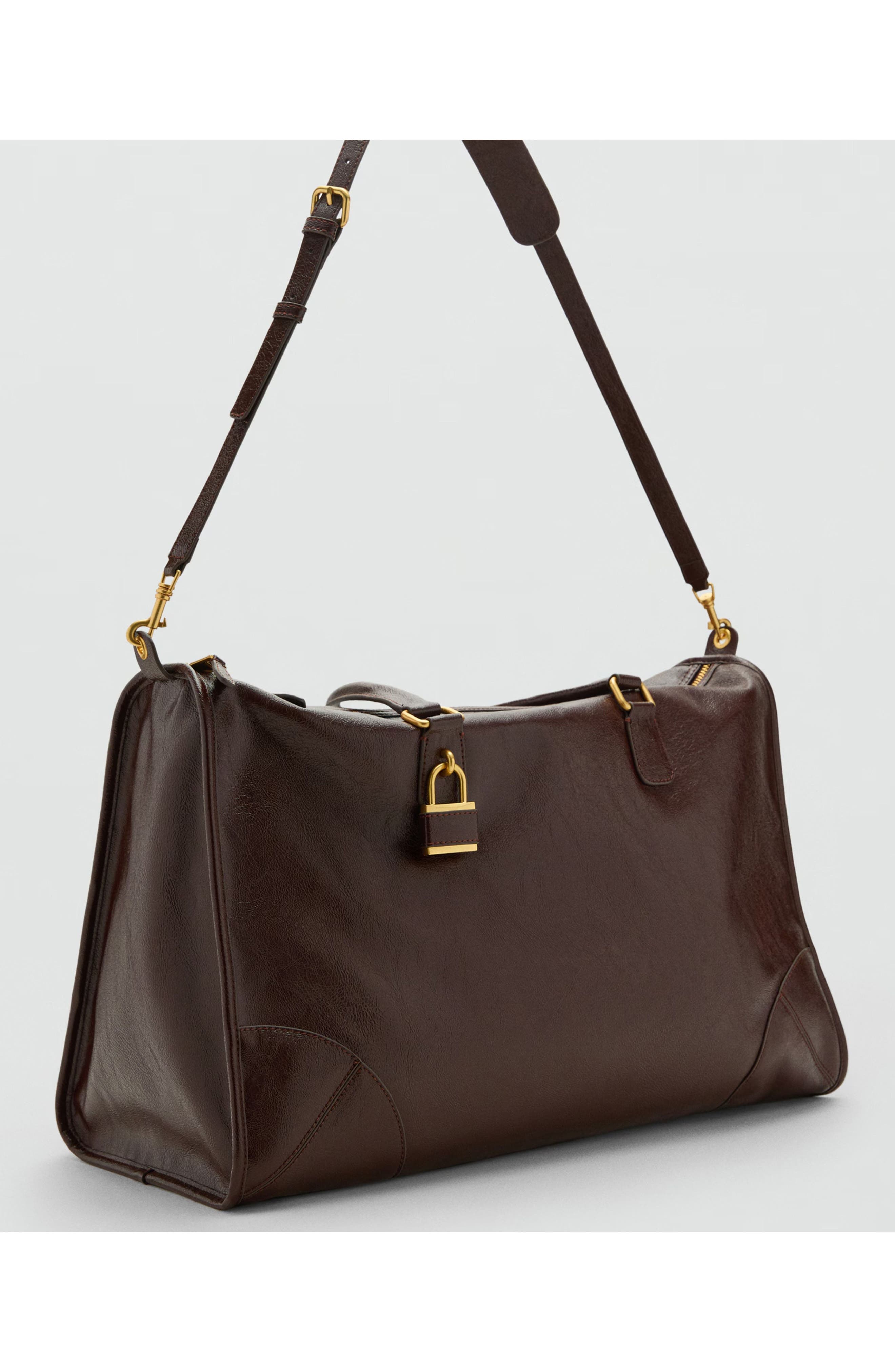 MANGO Shiny Finish Faux Leather Maxi Bag, Alternate, color, Chocolate