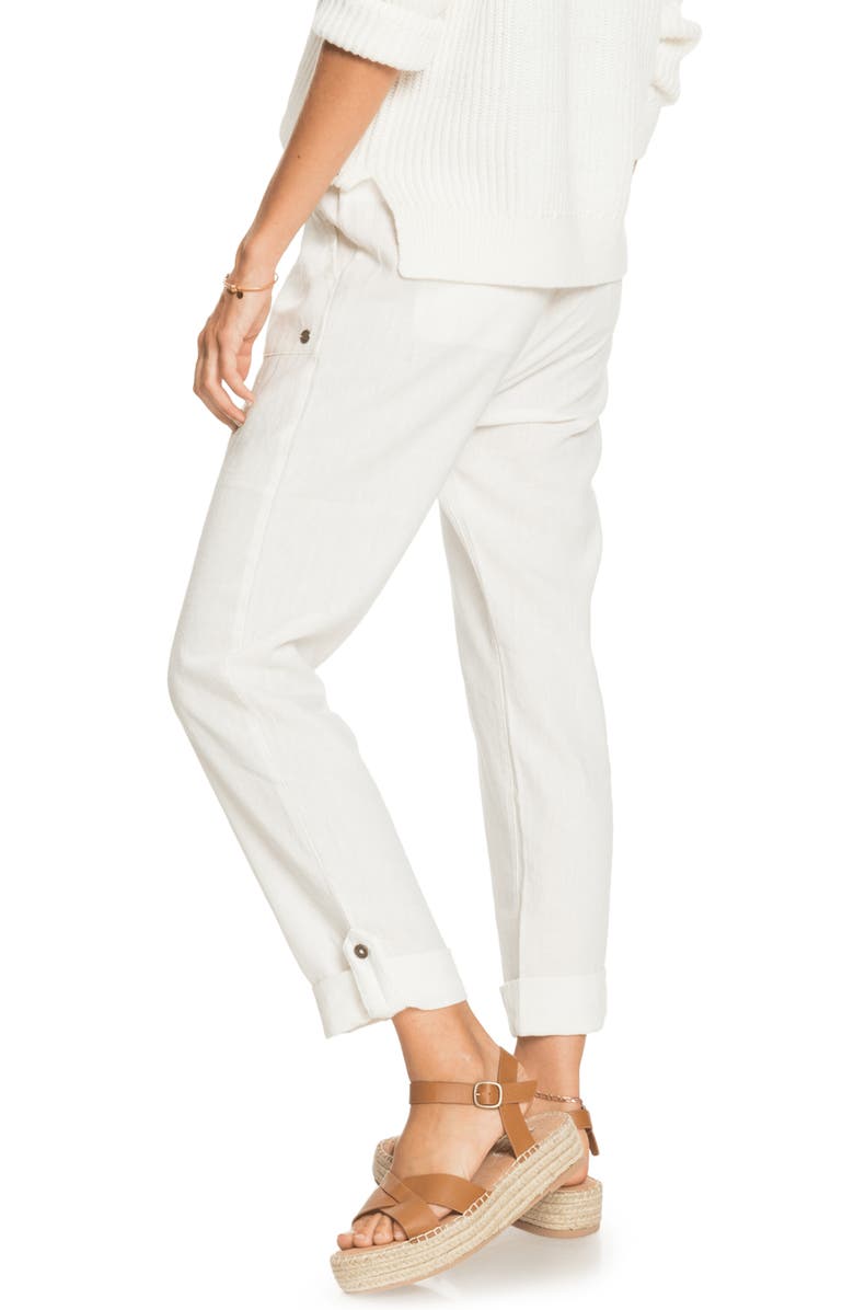 Roxy On the Seashore Tie Waist Linen Blend Pants, Alternate, color, Snow White Solid