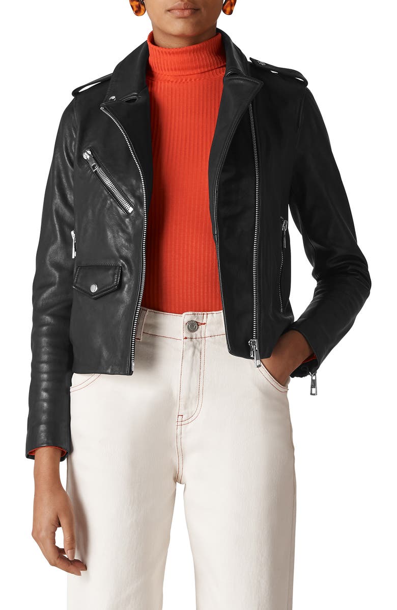 Whistles Agnes Snap Pocket Leather Moto Jacket, Main, color,