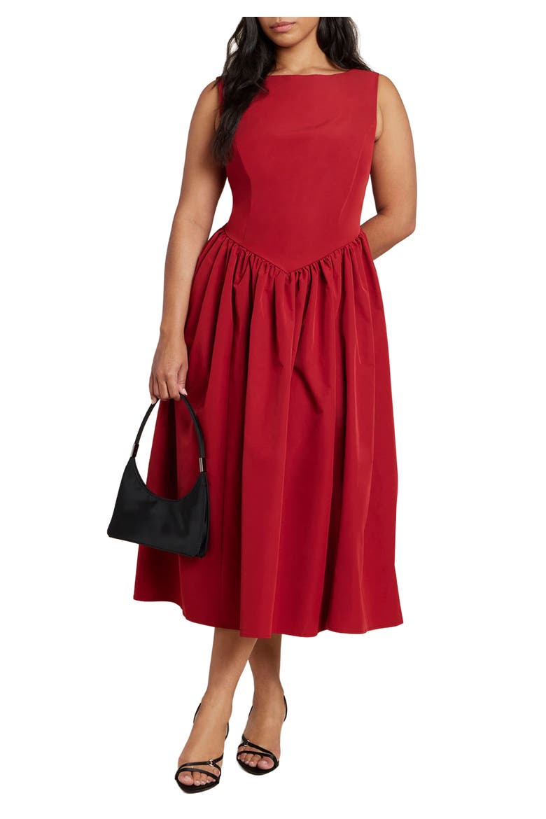 Boat Neck Flare Midi Dress, Main, color, RED DAHLIA