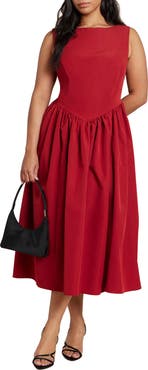 ELOQUII Boat Neck Flare Midi Dress