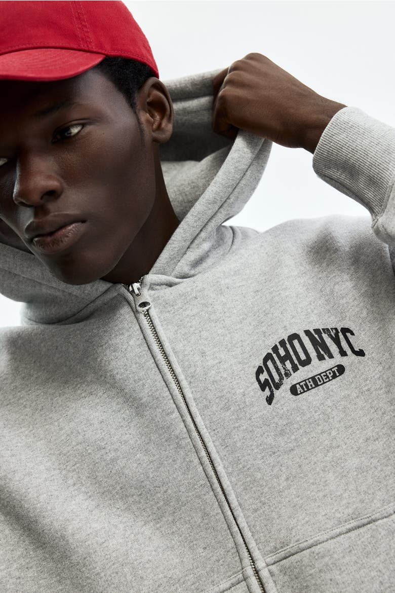 Oversized Fit Printed Zip-through Hoodie, Alternate, color, Gray melange/SoHo NYC