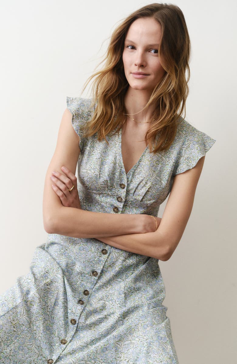 Marine Layer Camila Floral Button Front Hemp Blend Midi Dress, Alternate, color, Sea Floral