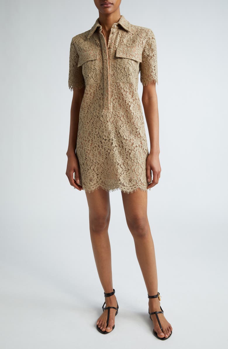 Michael Kors Collection Short Sleeve Lace Shirtdress, Main, color, Sand