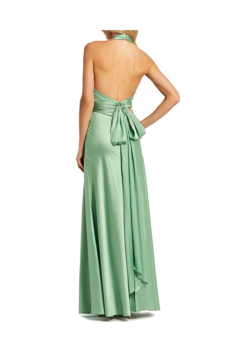 Ruched Halter Neck Tie Back Satin Gown, Alternate, color, Sage