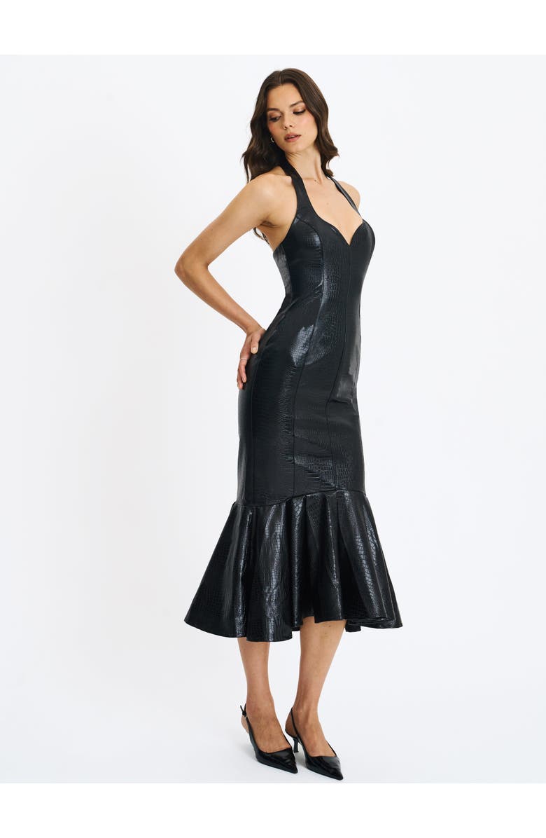 Miss Circle Gardenia Faux Leather Midi Sweetheart Halter Flared Dress, Alternate, color, Black