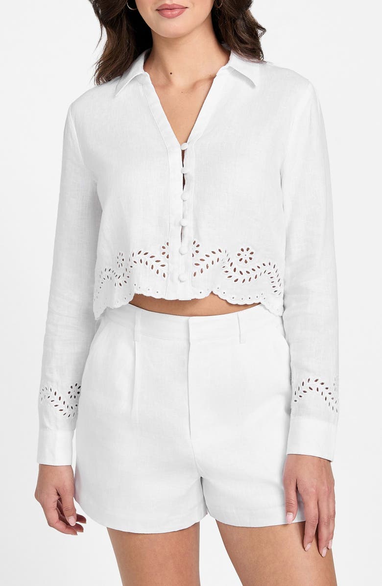 GUESS Leyna Embroidered Eyelet Crop Linen Shirt, Main, color, 
