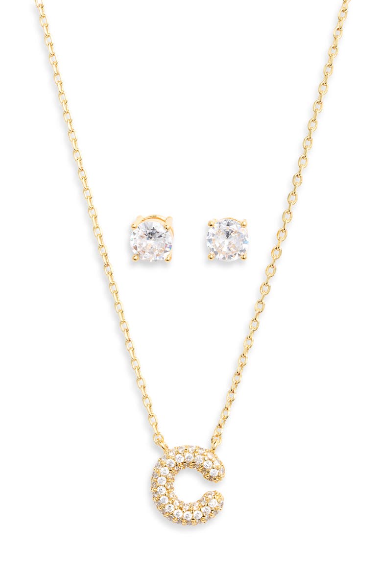 Initial Pendant Necklace & Stud Earrings Set, Alternate, color, C- 14K GOLD DIPPED